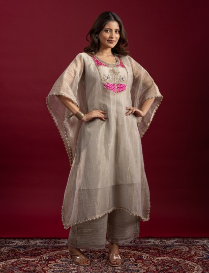 Graceful silver kaftan suit with intricate festive embroidery