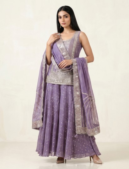 Purple georgette silk palazzo suit with elephant motifs