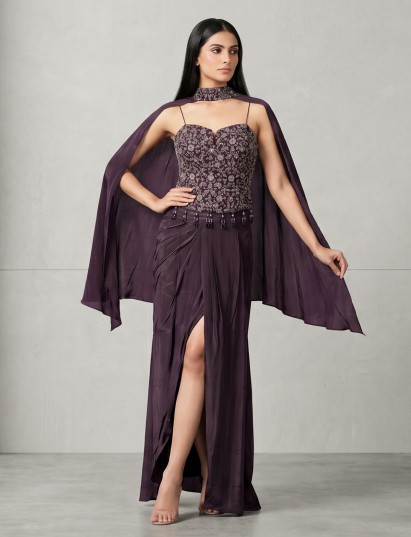 Wine satin crepe silk indowestern festive suit