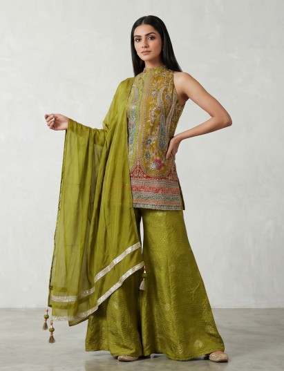Mehendi green silk palazzo suit with stand collar