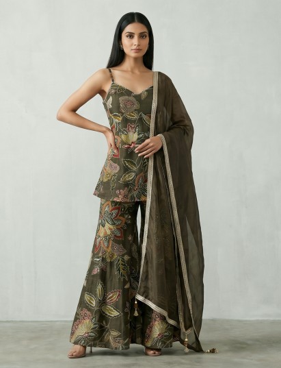 Mehendi green crepe silk floral palazzo suit