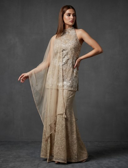 Beige net designer palazzo suit with cutwork detail