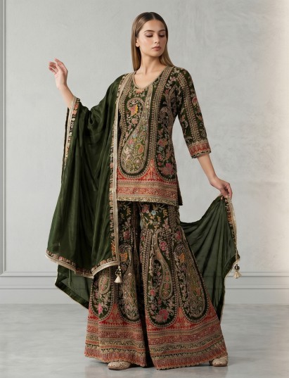 Mehendi green silk Pakistani sharara suit with motifs