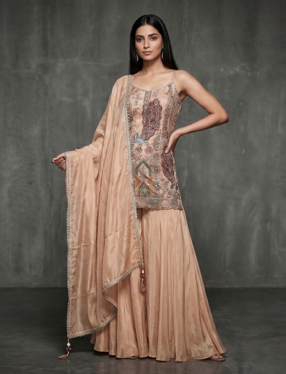 Peach crepe silk palazzo suit with peacock motifs