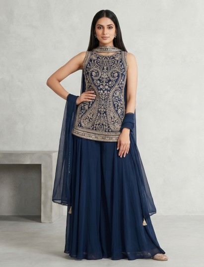 Peacock blue georgette palazzo suit with diamond work