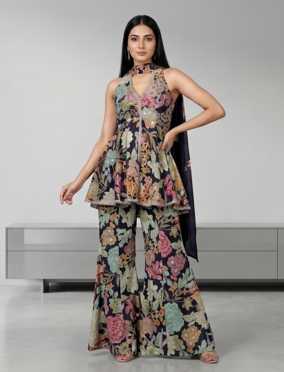 Black satin crepe palazzo suit with floral detailing