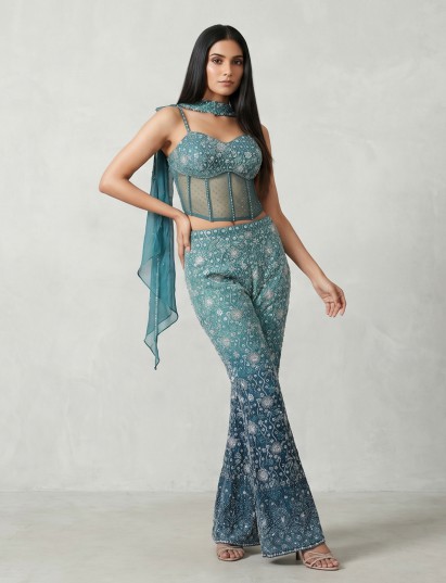 Blue georgette palazzo suit with elegant embellishments