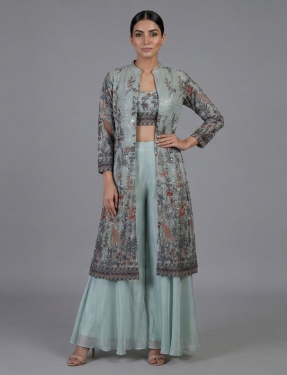 Mint blue crepe silk jacket style palazzo suit