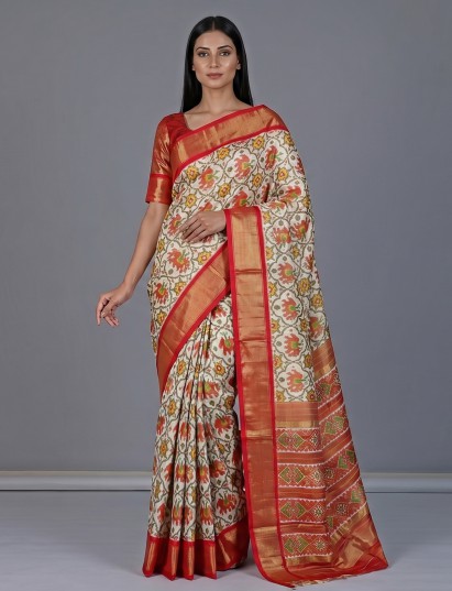 White patola silk saree with contrast zari border