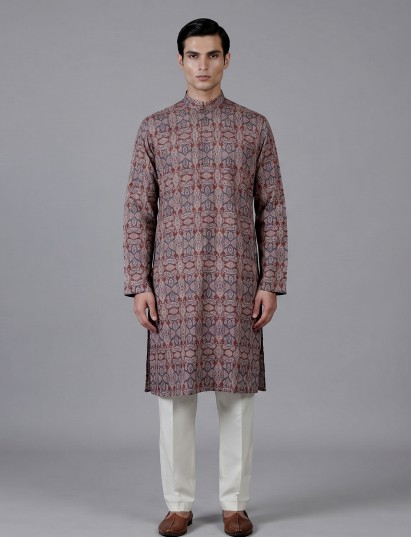 Brown grey silk printed kurta set with mandarin collar
