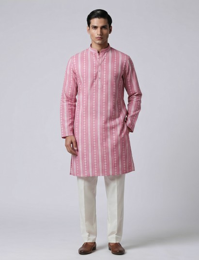 Pink cotton silk printed kurta set with pants