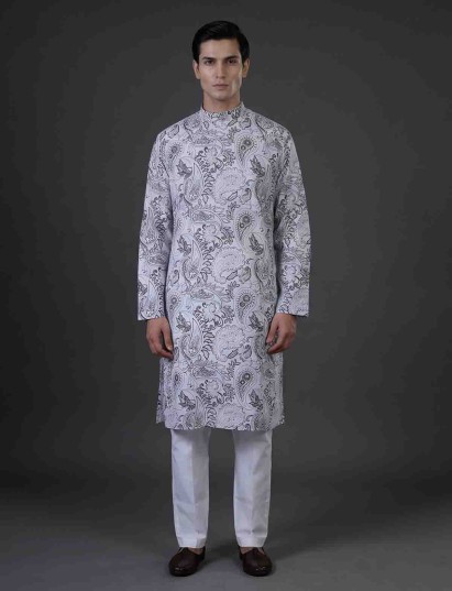 White cotton linen floral kurta set with pants
