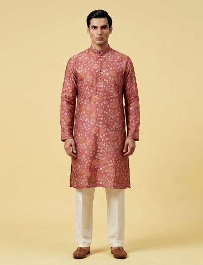 Maroon silk floral printed kurta set with pants
