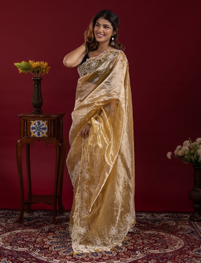 Golden yellow crushed tissue silk saree festive drape