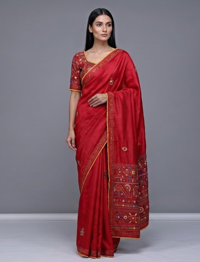 Maroon semi cotton saree with thread sequins work