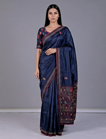 Navy semi cotton saree with thread sequins detailing
