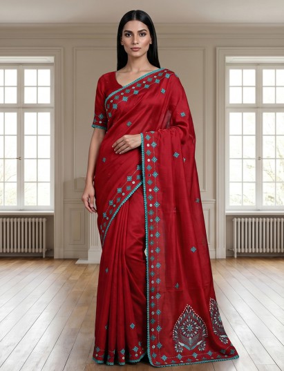 Maroon semi cotton saree with thread aabla work