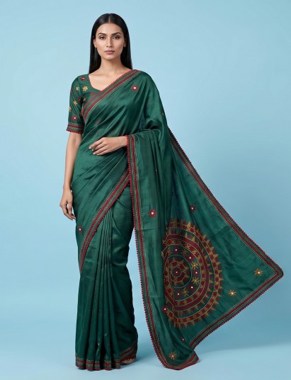 Bottle green semi cotton saree with aabla detailing