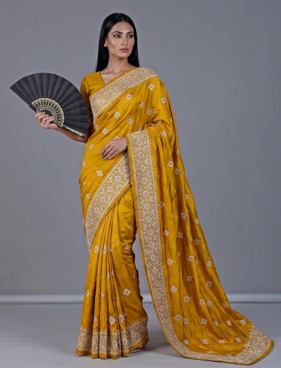 Mustard semi silk saree with white thread work