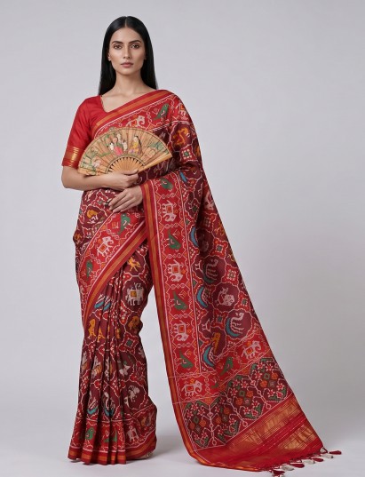 Wine patola silk saree with elephant bird motifs