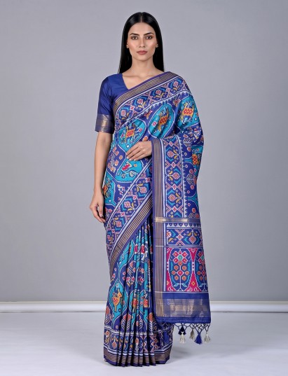 Blue patola silk saree with deer bird motifs