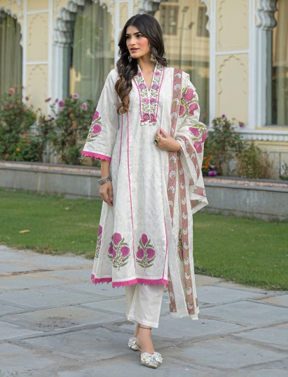 White cotton kurti set with delicate pink floral prints