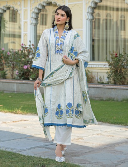 White cotton kurti set with delicate pink floral prints