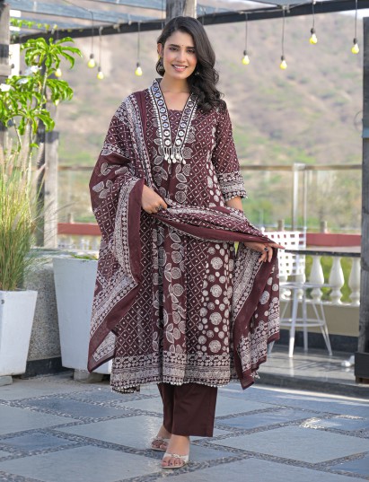 Brown cotton kurti set with intricate bead work and dupatta