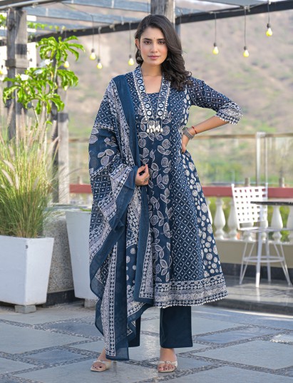 Blue cotton kurti set with subtle bead embellishments