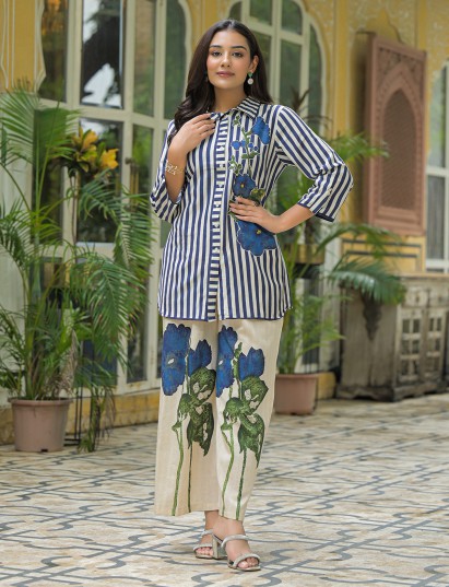 White printed cotton co-ord set for casual wear