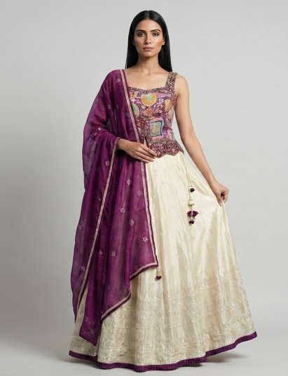 Violet cream silk lehenga choli with intricate detailing
