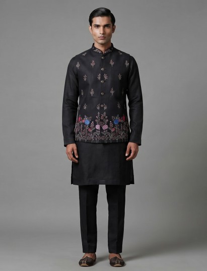 Black linen floral embroidered waistcoat set with pants