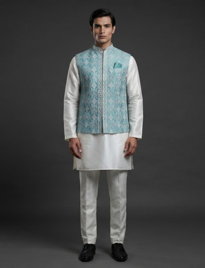 Blue silk embellished waistcoat set with chinese collar