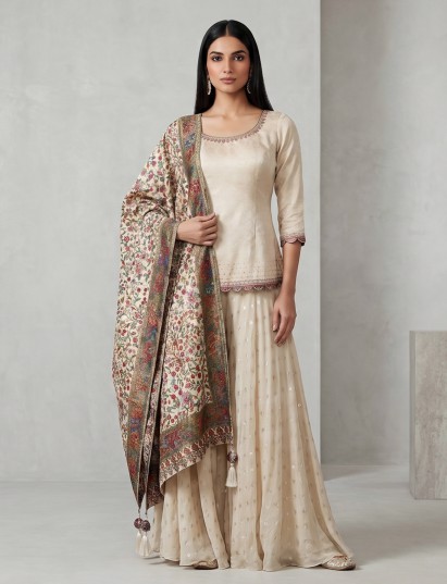 Cream chiffon silk palazzo suit with rich zardosi work
