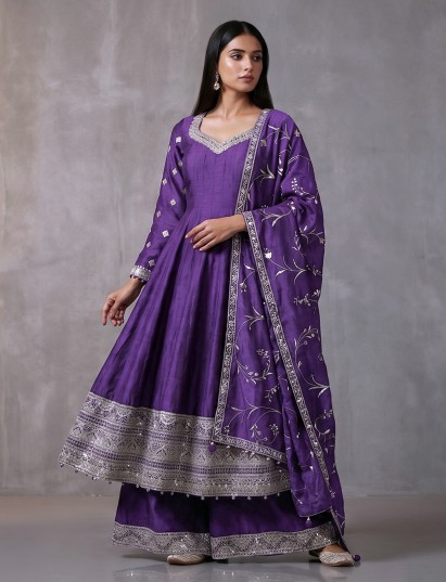 Purple silk anarkali suit with pearl work