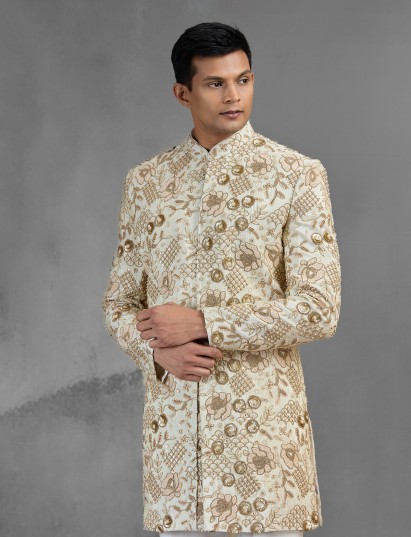 Opulent gold raw silk indo western with intricate embellishments