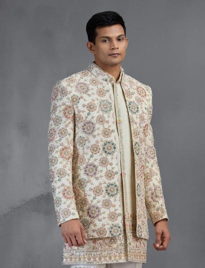 Royal gold indo western ensemble with handcrafted zardosi accents