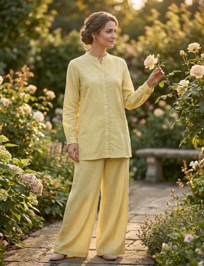 Elegant light yellow linen cotton co ord set for casual wear