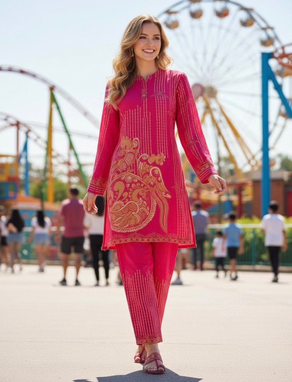 Vibrant deep pink georgette festive co ord set