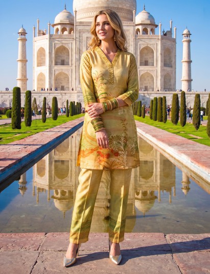 Fresh pista green printed cotton silk co ord set