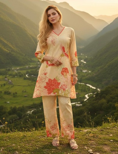 Subtle cream printed cotton silk co ord set for women