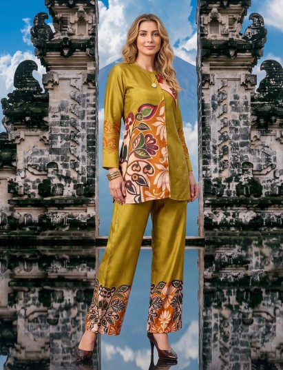 Earthy olive green printed cotton silk co ord set