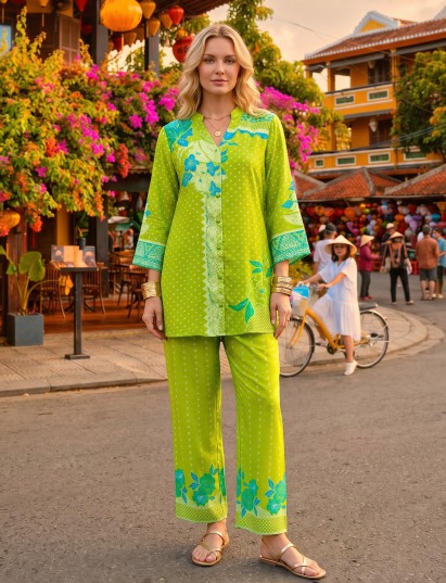 Bright lime green printed cotton silk co ord set