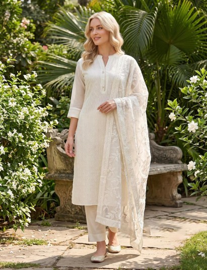 Off white georgette thread worked salwar suit