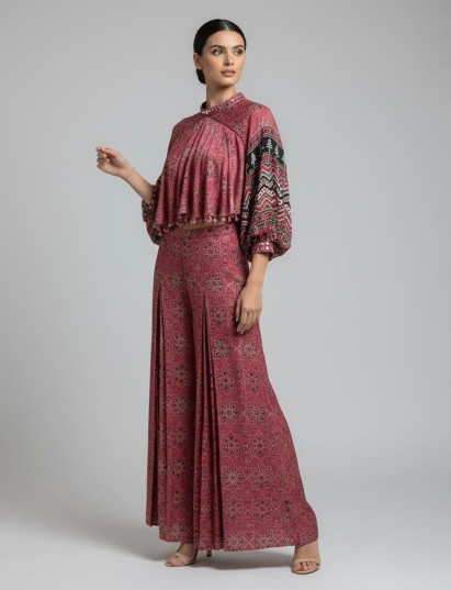 Brown printed silk sharara suit with sequins setailing