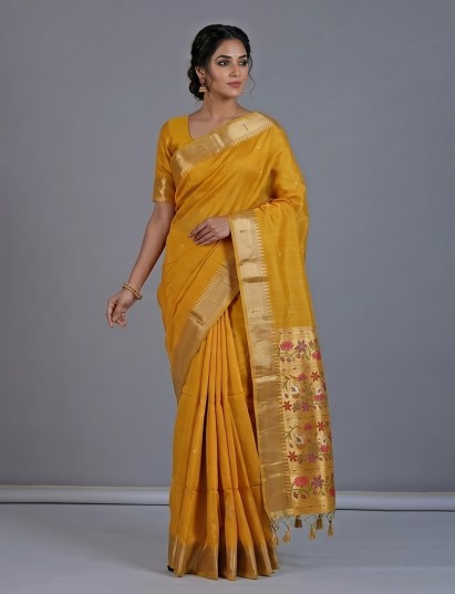 Mustard semi cotton saree with zari bird pallu