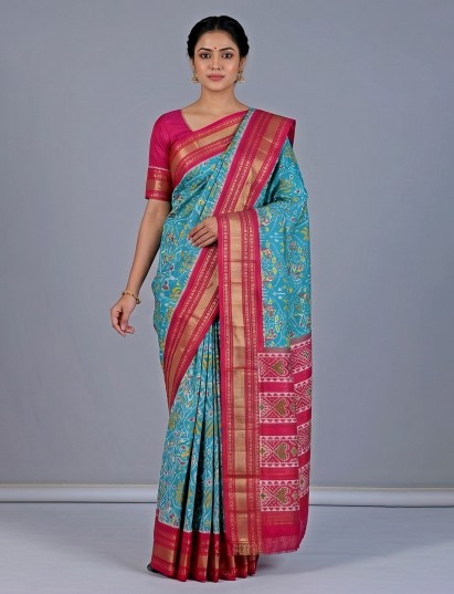Aqua blue patola silk saree with floral zari border