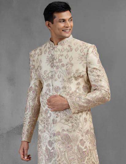 Classic beige silk sherwani with refined embroidered detailing