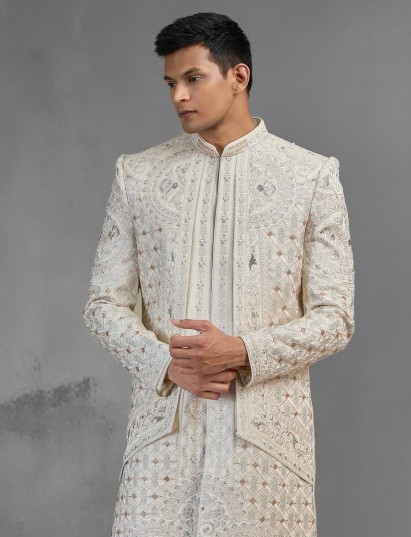 Elegant beige open front sherwani with luxurious embroidery accents