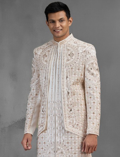 Timeless cream open front sherwani with intricate handcrafted detailing